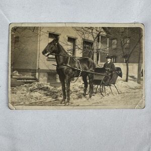 Horse Drawn Sleigh Real Photo Postcard RPPC Gentleman In Front Of House